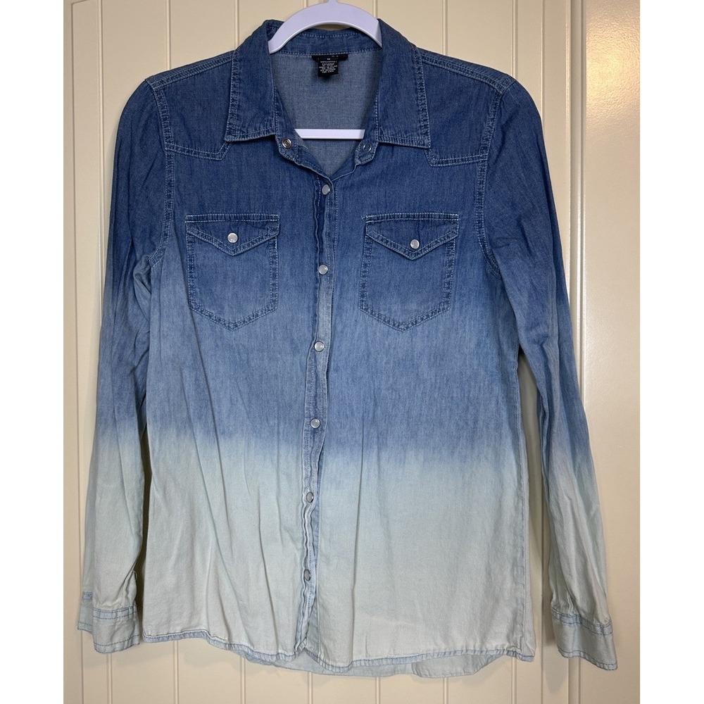 Rue21 Pearl Snap Long Sleeve Chambray Western Boho Beachy Cotton Shirt sz M